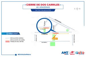 Desde la tarde del 10 de julio se cerraron temporalmente dos de los tres carriles sur – norte de la avenida Amazonas, en el tramo entre la calle Isla Tortuga y Tomás de Berlanga.