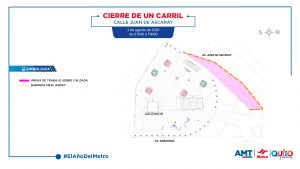 Durante el 2 de agosto se cerrará temporalmente un carril sentido sur – norte de la calle Juan de Ascaray, en la intersección con la avenida Amazonas, cerca de la Estación Jipijapa.