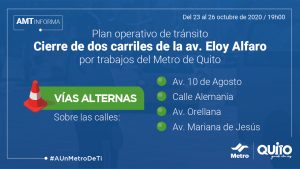 Desde la noche del viernes 23 a la madrugada del 26 de octubre se cerrarán temporalmente dos carriles de la av. Eloy Alfaro, entre Hungría y avenida Amazonas.