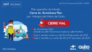 Desde el 13 de enero se cerrará temporalmente el tránsito vehicular en un tramo de la avenida Rumichaca Ñan, entre las calles Pontón y Moro Moro.