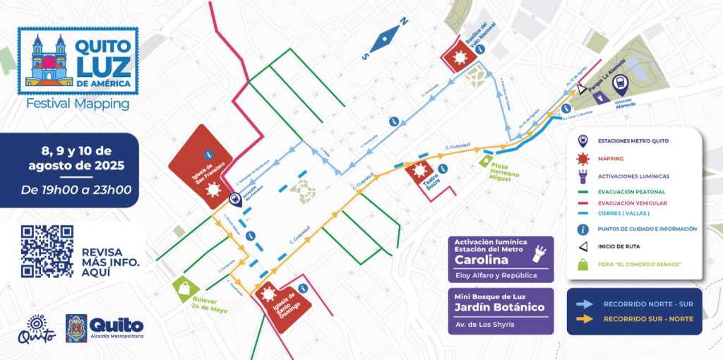 Mapa informativo de las actividades del festival de mapping "Quito Luz de América".
