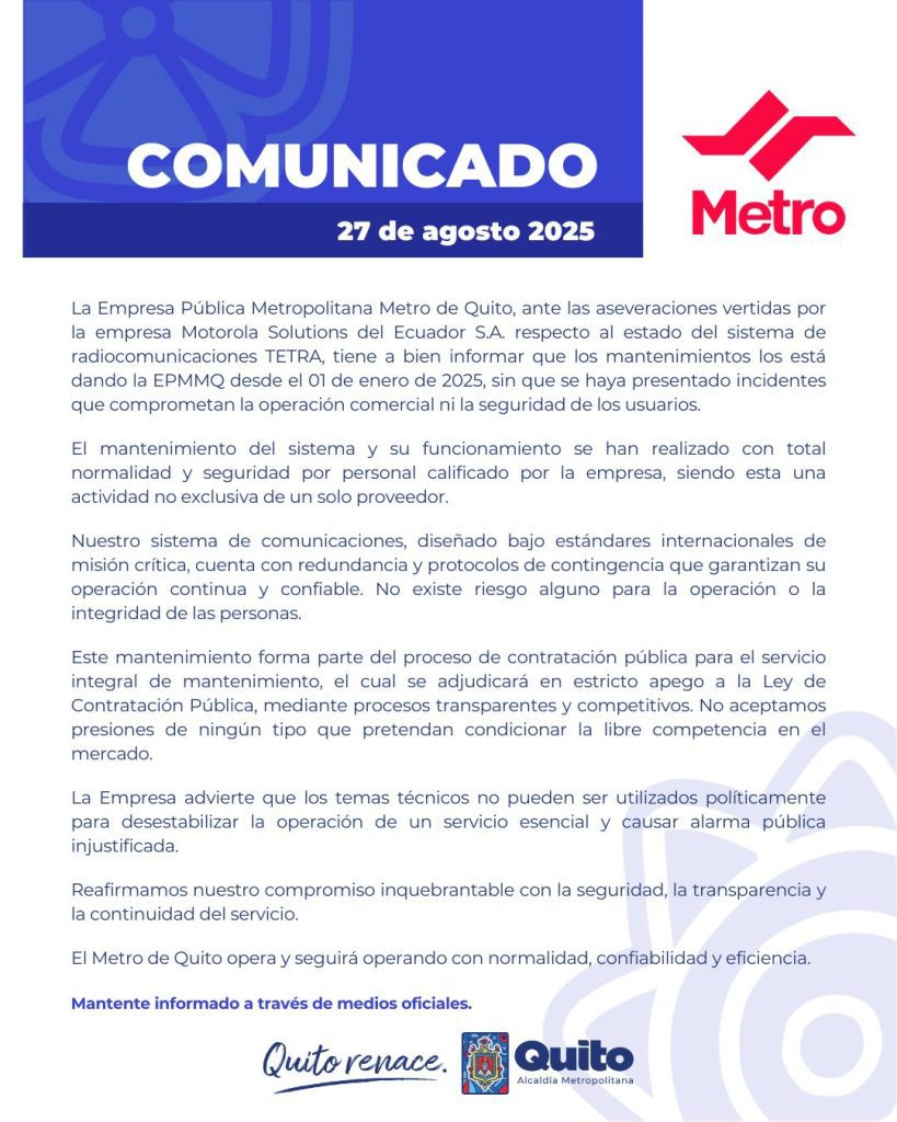 Metro de Quito tiene activos los servicios de mantenimiento de todos los subsistemas para la óptima operación del transporte subterráneo.